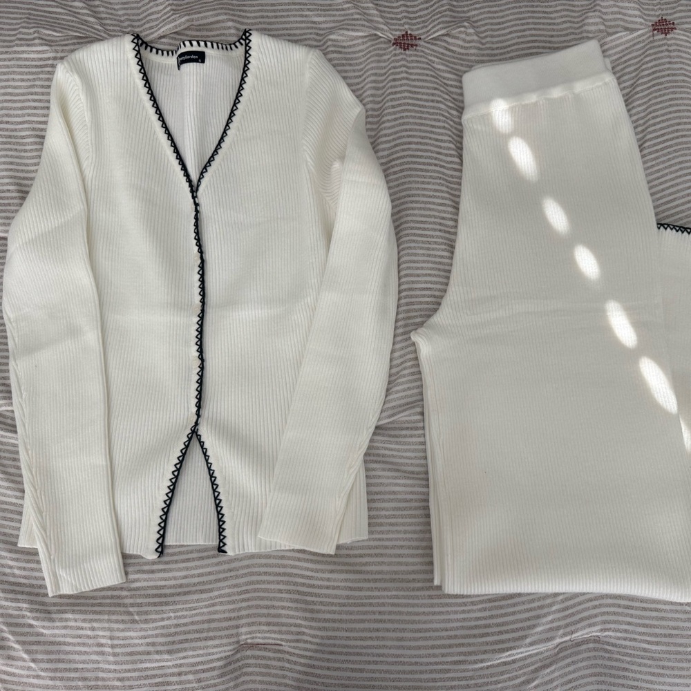 Elegant White Knit Set with Black Trim